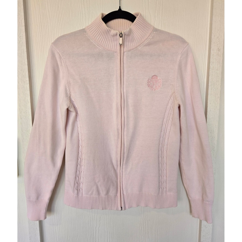 Tommy Hilfiger Pink Cardigan Cable Knit Sweater Crest‎ Size L Preppy Academia